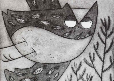 bird art print owl flying above pine forest