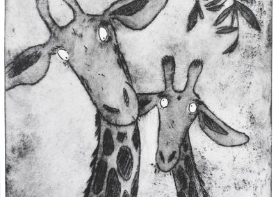 acid etching wall art print of a mother and baby giraffe gazing lovingly into each others eyes under a tree