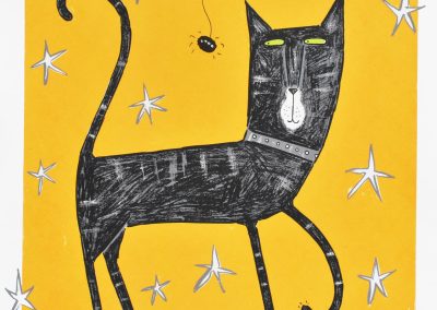 screen print of a black cat gazing at a hanging black spider on a cheerfully spooky yellow starry background