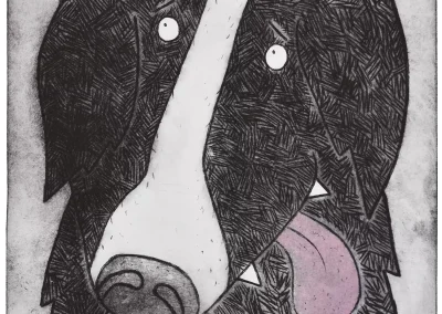 animal art acid etching print head portrait of a border collie dog with it's tongue hanging out and eye's looking up eagerly at its owner