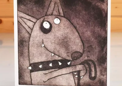 blank inside greeting card with English Bull Terrier dog holding lead for a walk