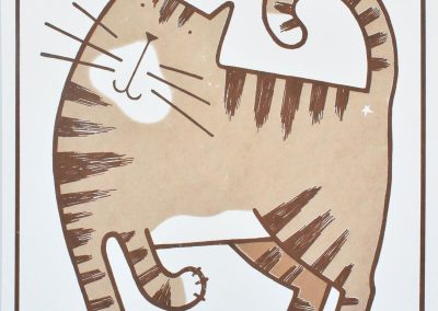 screen print of a cheerful coffee coloured tabby cat