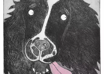 Acid etching head portrait art print of an English Springer Spaniel dog with its tongue hanging out eagerly awaiting a ball to be thrown perhaps