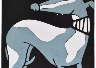 Linocut animal art print of a grey and white whippet or greyhound dog looking behind