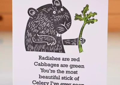 Handmade hand printed art greeting card with guinea pig holding celery and a funny verse for Valentines anniversary birthday or any occasion