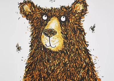 animal art screen print of a honey bear curiously gazing at honey bees buzzing around it's head