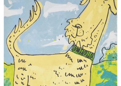 screen print of a cheerful Irish Terrier dog on a walk