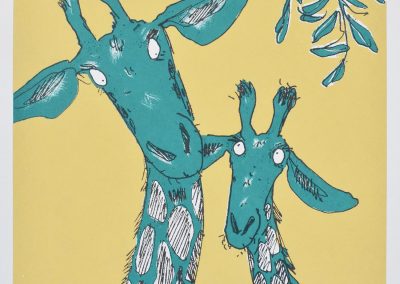 animal wall art print with a mother and baby giraffe