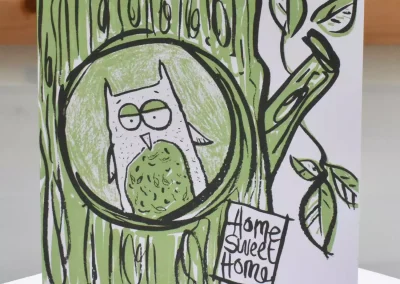 handmade hand printed original art greeting card for welcome to your new home with owl in a tree
