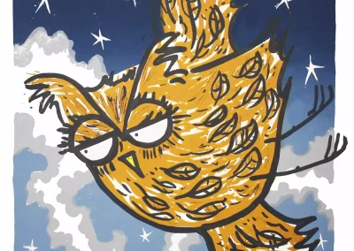 screen print of an owl flying through a starry night sky