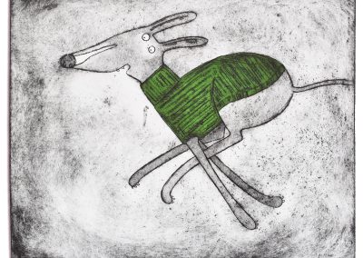 Acid etching print of a fast running whippet in a green jumper