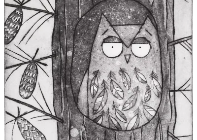 Acid etching art print of a tawny owl perched in a pine tree
