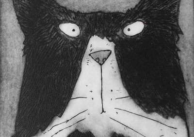 acid etching head portrait of a stern looking black and white tomcat animal art print