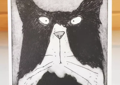Tomcat original art greeting card with grumpy black and white cat head portrait for any occasion