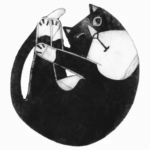 sleeping cat wall art print - curled up black and white cat with one eye open