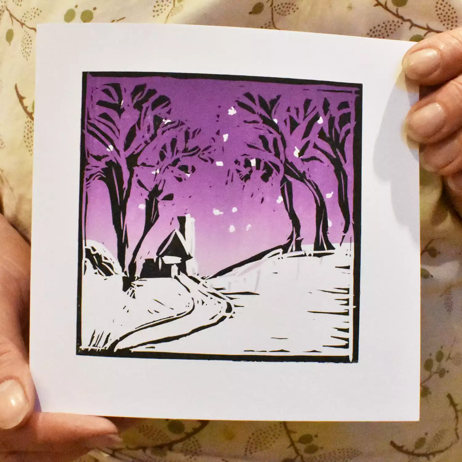 example card print from linocut print Christmas workshop