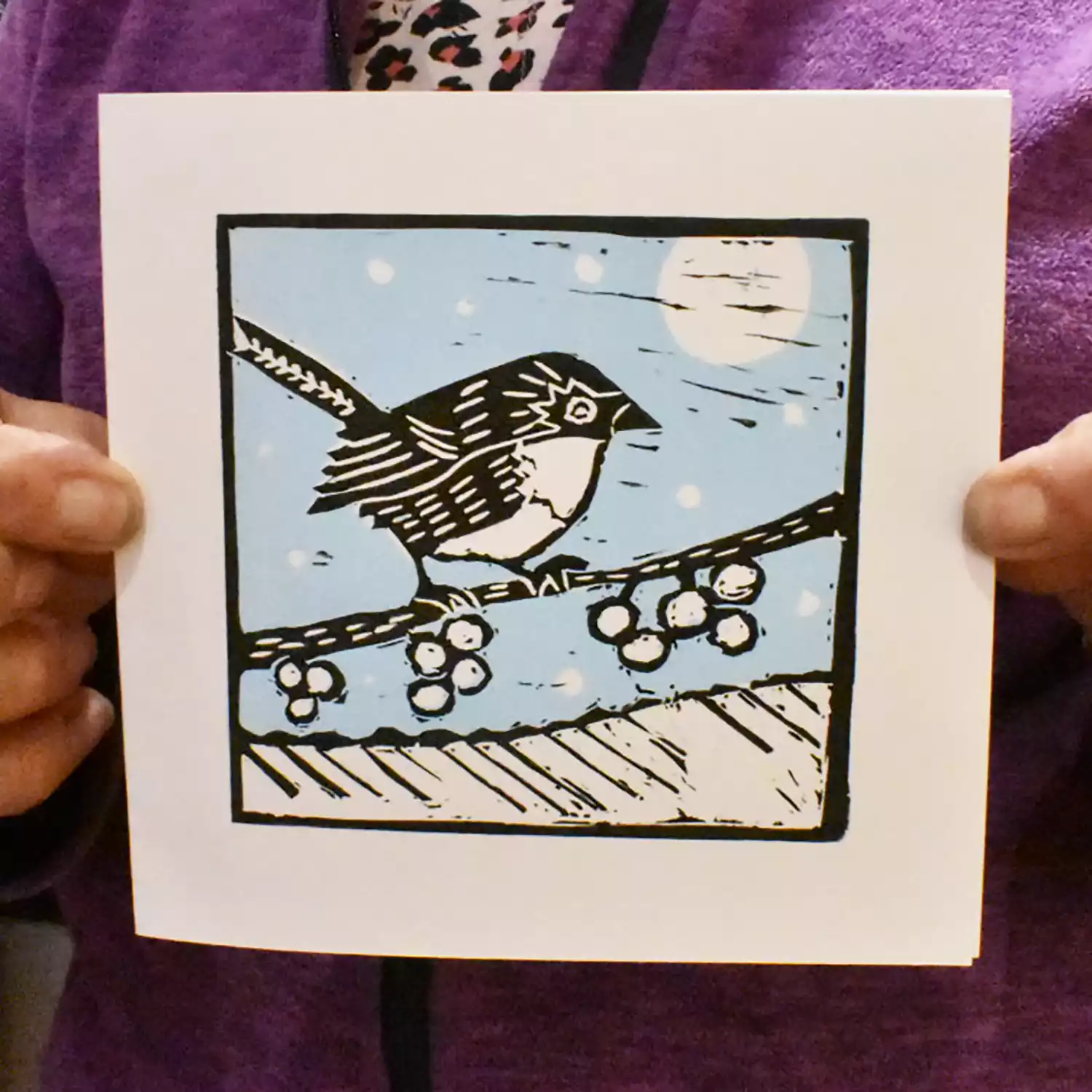 example Christmas card from a lino printing workshop