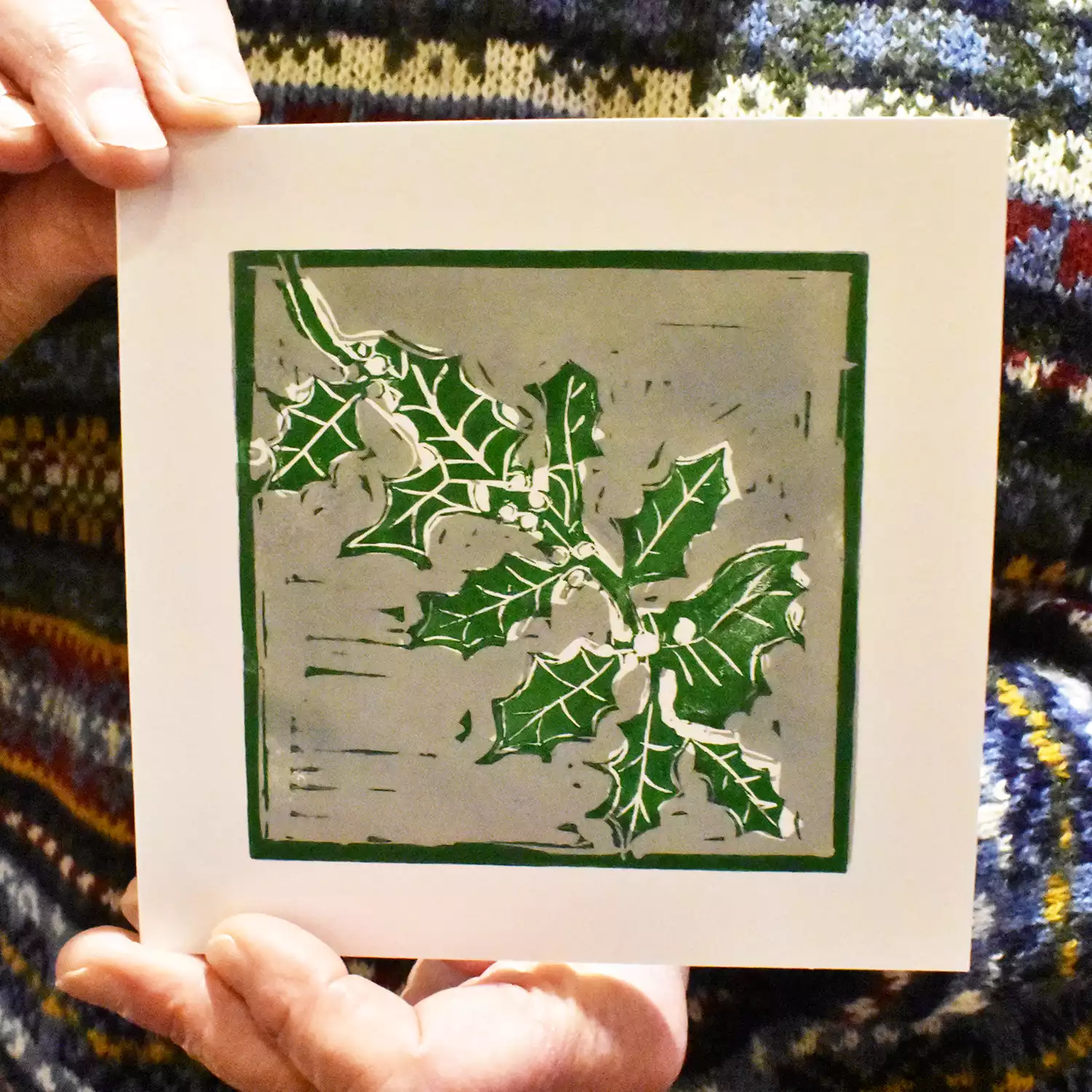example Christmas card printed on a linocut workshop