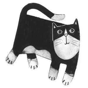 hand printed wall art print of a loveable black and white cat walking